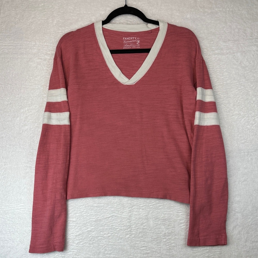 Faherty Sunwashed V-Neck Top Womens XS Red Organic Cotton Stripe Sleeve